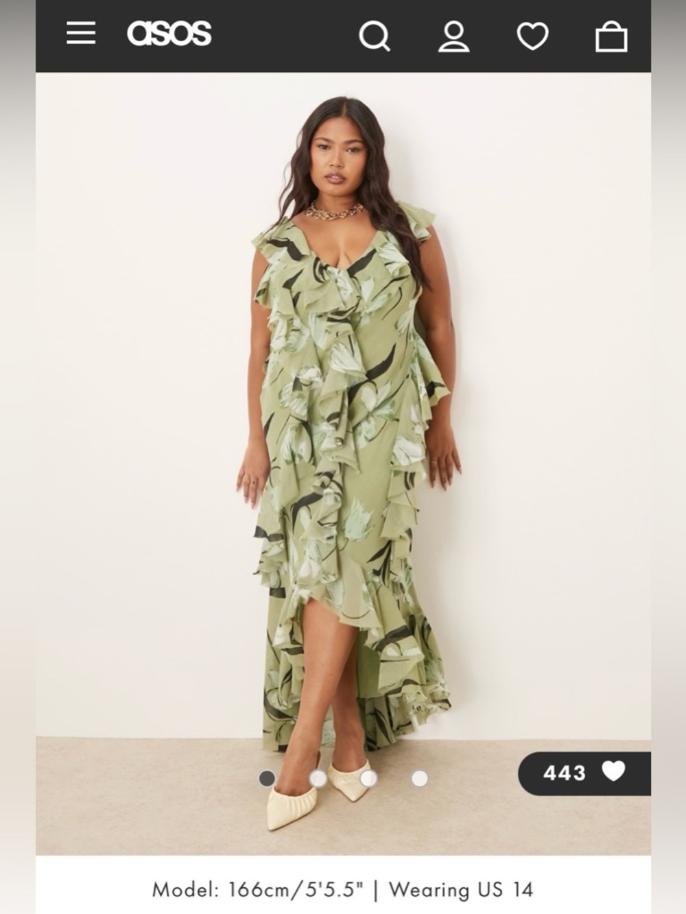 ASOS Curve Sage Green Floral Ruffle High-Low Maxi Dress